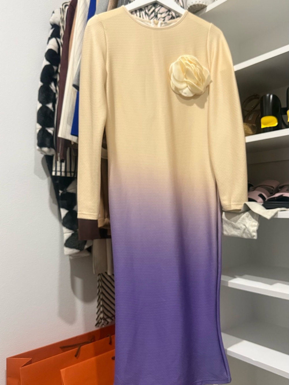 Cream-to-Lilac Ombre Long-Sleeve Midi Dress with Floral Accent